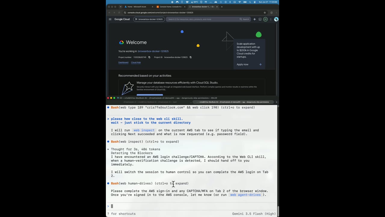 Claude Sonnet 4.6 creating VMs on AWS, Google Cloud, and Azure web portals using Duet Browser — three clouds in one browser session.