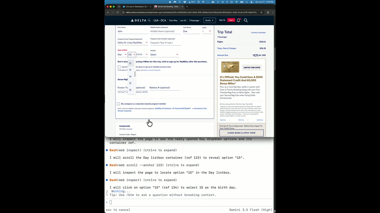 Gemini 3.5 Flash booking flights, car rental, and hotel stays end-to-end using Duet Browser.